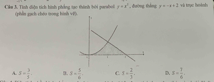 Tính diện tích hình phẳng tạo thành bởi parabol y=x^2 , đường thẳng y=-x+2 và trục hoành
(phần gạch chéo trong hình vẽ).
y
、
。
:
A. S= 3/5 . B. S= 5/6 . S= 2/3 . D. S= 7/6 . 
C.