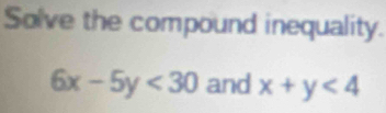 Solve the compound inequality.
6x-5y<30</tex> and x+y<4</tex>