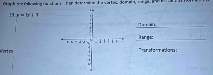 Graph the following functions. Then determine the vertex, domain, range, and list all transt 
19. y=|x+3|
Domain: 
Range: 
VertexTransformations: