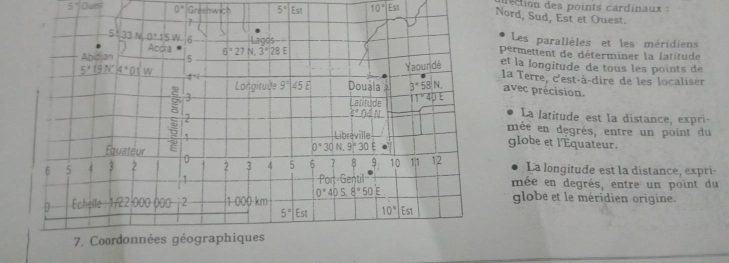 5° overline BC
rection des points cardinaux :
0° Greehwich 5° Est
10°|Est
Nord, Sud, Est et Ouest. 
7 
Les parallèles et les méridiens
5 33 N 0°15'M 6 Lagos permettent de déterminer la latitude 
Abidjan 5 
Acdra 6°27N, 3°28E et la longitude de tous les points de
5°19N°14° W 
Yaoundé 

la Terre, c'est-à-dire de les localiser 
Longitude 9° 45E Douala 3°58N. 
avec précision. 
3 
Latitude 11°40E
2 
_ z^((circ)O)_ O_ I 
La latitude est la distance, expri- 
mée en degrés, entre un point du 
1 Librèville globe et l'Équateur. 
Equateur
0°30'N, 9°30 -
6 5 3 2 0 2 3 4 5 6 7 8 9 10 11 12 La longitude est la distance, expri 
1 
Port Gentil mée en degrés, entre un point du
0° 40S.8°50 E globe et le méridien origine. 
D Echelle 1/22 000 000 2 1 000 km
5° Est
10° Est 
7. Coordonnées géographiques