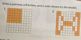 Write a pervent, a fraction, and a ratio shown by the model. 
1. 
2.