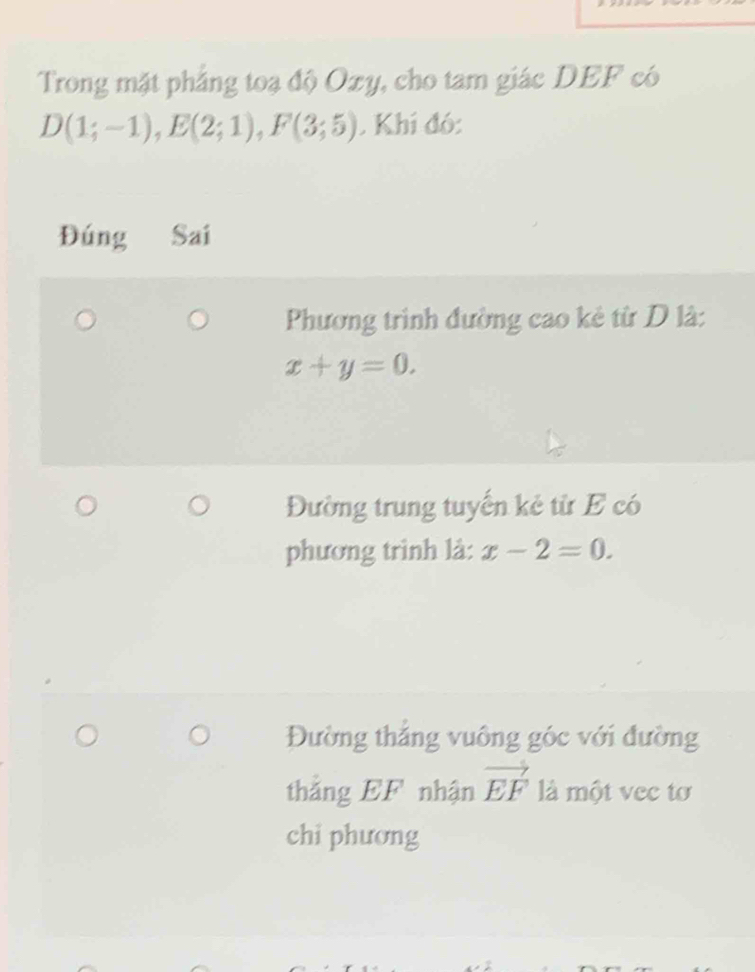 Trong mặt phẳng toạ độ Ozy, cho tam giác DEF có
D(1;-1), E(2;1), F(3;5). Khí đó: 
Đúng Sai 
Phương trình đường cao kẻ từ D là:
x+y=0. 
Đường trung tuyến kẻ từ E có 
phương trình là: x-2=0. 
Đường thắng vuông góc với đường 
thắng EF nhận vector EF là một vec tơ 
chi phương