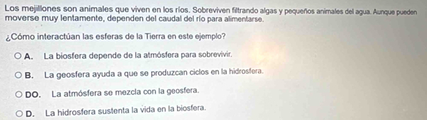 Los mejillones son animales que viven en los ríos. Sobreviven filtrando algas y pequeños animales del agua. Aunque pueden
moverse muy lentamente, dependen del caudal del río para alimentarse.
¿Cómo interactúan las esferas de la Tierra en este ejemplo?
A. La biosfera depende de la atmósfera para sobrevivir.
B. La geosfera ayuda a que se produzcan ciclos en la hidrosfera.
DO. La atmósfera se mezcla con la geosfera.
D. La hidrosfera sustenta la vida en la biosfera.