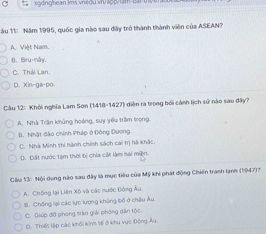 1âu 11: Năm 1995, quốc gia nào sau đây trở thành thành viên của ASEAN?
A. Việt Nam.
B. Bru-nây.
C. Thái Lan.
D. Xin-ga-po.
Câu 12: Khởi nghĩa Lam Sơn (1418-1427) diễn ra trong bối cảnh lịch sử nào sau đây?
A. Nhà Trần khủng hoảng, suy yếu trầm trọng.
B. Nhật đảo chính Pháp ở Đông Dương.
C. Nhà Minh thi hành chính sách cai trị hà khắc.
D. Đất nước tạm thời bị chia cất làm hai miền.
Câu 13: Nội dung nào sau đây là mục tiêu của Mỹ khi phát động Chiến tranh lạnh (1947)?
A. Chống lại Liên Xô và các nước Đông Âu.
B. Chống lại các lực lượng khủng bố ở châu Âu.
C. Giúp đỡ phong trào giải phóng dân tộc.
D. Thiết lập các khối kinh tế ở khu vực Đông Âu.