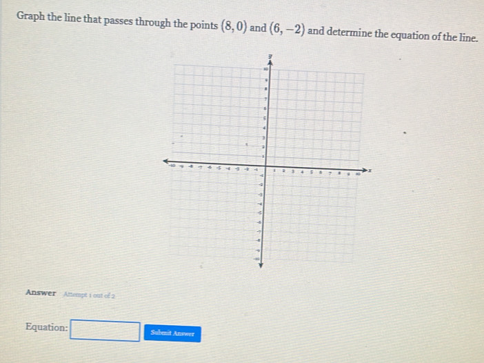 Graph the line that passes through the points (8,0) and (6,-2) and determine the equation of the line. 
Answer Attempt 1 out of 2 
Equation: =□°  □ /□   Submit Answer