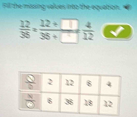 Fill the missing values into the equation.
 12/36 = (12/ □ )/36/ □   4/12 