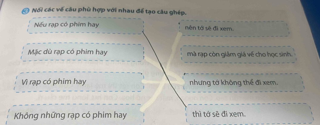 Nối các vế câu phù hợp với nhau để tạo câu ghép. 
Nếu rạp có phim hay nên tớ sẽ đi xem. 
Mặc dù rạp có phim hay mà rạp còn giảm giá vế cho học sinh. 
Vì rạp có phim hay nhưng tớ không thể đi xem. 
Không những rạp có phim hay thì tớ sẽ đi xem.