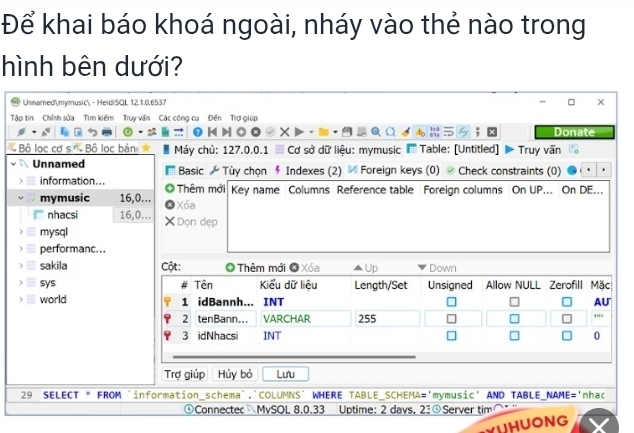 Để khai báo khoá ngoài, nháy vào thẻ nào trong 
hình bên dưới? 
namedmymusic - Heidi SOL 12.1.0.6537 × 
Tập tin Chỉnh sửa Tìm kiếm Truy vấn Các công cụ Đến Trợ giúp 
Donate 
Bộ lọc cơ sơ Bộ lọc bản Máy chủ: 127.0.0.1 Cơ sở dữ liệu: mymusic Table: [Untitled] Truy vấn 
Unnamed Basic Tùy chọn § Indexes (2) - Foreign keys (0) Check constraints (0) 
information.. * Thêm mới Key name Columns Reference table Foreign columns On UP... On DE... 
mymusic 16,0... Xóa 
nhacsi 16,0... × Dọn dẹp 
mysql 
performanc... 
sakila 
1 sys 
world 
Trợ giúp Hủy bỏ Lưu 
29 SELECT * FROM `information_schema`.`COLUMNS` WHERE TABLE_SCHEMA='mymusic' AND TABLE_NAME='nhac 
⊙ConnectecMySOL 8.0.33 Uptime: 2 days, 23⑤Server tim 
UHUONG