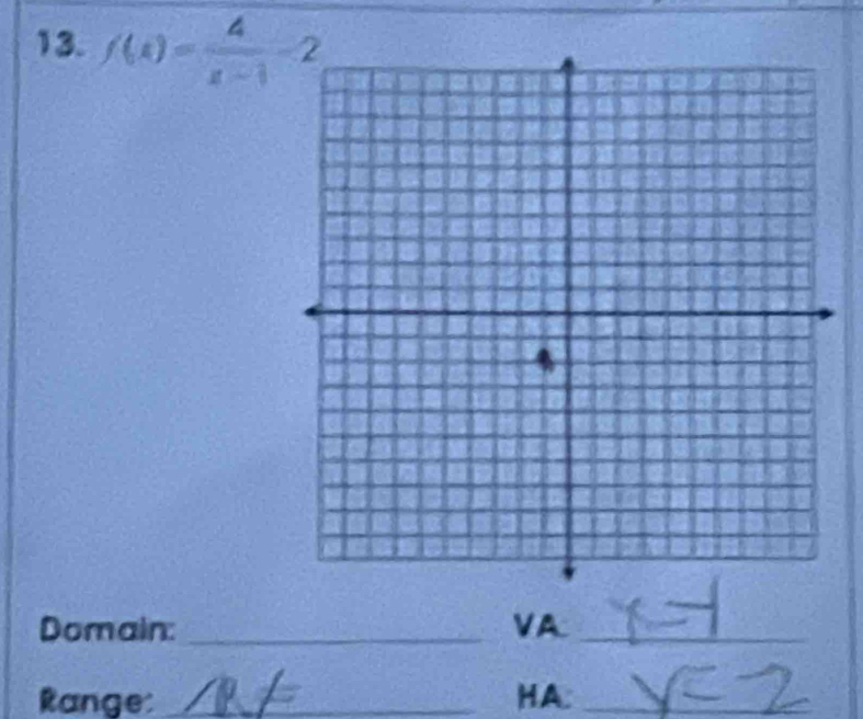 f(x)= 4/x-1 -2
Domain: _VA_ 
Range: _HA:_