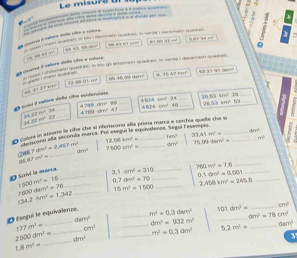 Le misuré a
L unità fondamentale delle misure di superfisie é il metro quadrato.
Sr ca si riferisce alle cifre delle decire e delle unità
a
re da una misura all'altra si moltíplica o si divide per 100.
Osserva il valore delle cifre e colora
in rosse i metri quadrati; in blu i decimetri quadrati; in verde i centimetri quadrati
65 43, 55 dm² 984361cm^2 81,9032m^2 5,6734m^2
75,68 43 m°
O   Osserva il vatore delle cifre e colora
in rosso i chilometri quadrati; in blu gli ettometri quadrati; in verde i decametri quadrati
729501m^2 8546,09dam^2 9,7647hm^2 53219 1am'
in giallo i metri quadrati.
48,3127km^2
4789dm^2 89 4824cm^2 24 _ 28,53km^2 28_
D Scrivi il valore delle cifre evidenziate._

34,22m^2 34 _ 4789dm^2 47 4824cm^2 48 _ 28.53km^2 53_
34,22m^2 2
Colora in azzurro le cifre che si riferiscono alla prima marca e cerchia quelle che si_
riferiscono alla seconda marca. Poi esegui le equivalenze. Segui l’esempio.
12,56km^2= hm^2 33,41m^2= ...dm^2
245,7dm^2=2,457m^2 _ dm^2 7500cm^2= _ dm^2 75,99dam^2= ...m^2
85,67m^2=
760m^2=7,6 _
Scrivi la marca._
_ 3.1cm^2=310
0,1dm^2=0,001 _
0,7dm^2=70 _
_ 1500m^2=15
_ 2,458km^2=245,8
15m^2=1500 _
_ 7600dam^2=76
134,2hm^2=1,342
_ m^2=0,3dam^2 101dm^2= _ cm^2
_
O Esegui le equivalenze.
dam^2
_ dm^2=78cm^2
_ dm^2=932m^2
177m^2= _
cm^2
_ m^2=0,3dm^2 5,2m^2= _ dam^2
_
2500dm^2= dm^2
3
1,8m^2=