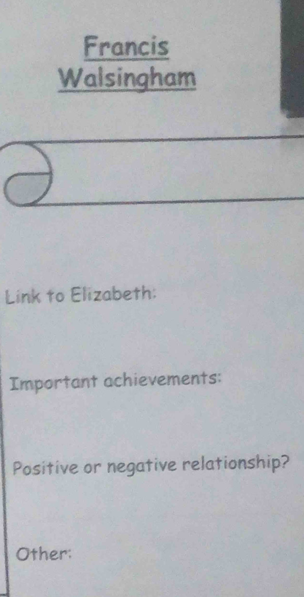 Francis 
Walsingham 
Link to Elizabeth: 
Important achievements: 
Positive or negative relationship? 
Other: