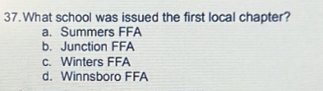 What school was issued the first local chapter?
a. Summers FFA
b. Junction FFA
c. Winters FFA
d. Winnsboro FFA