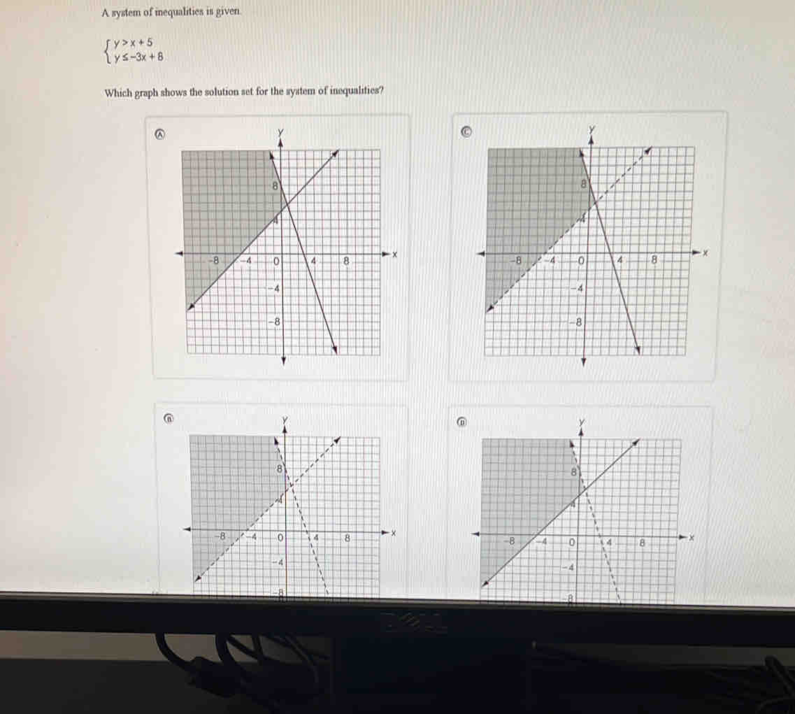 A system of iequalities is given.
beginarrayl y>x+5 y≤ -3x+8endarray.
Which graph shows the solution set for the system of inequalities?