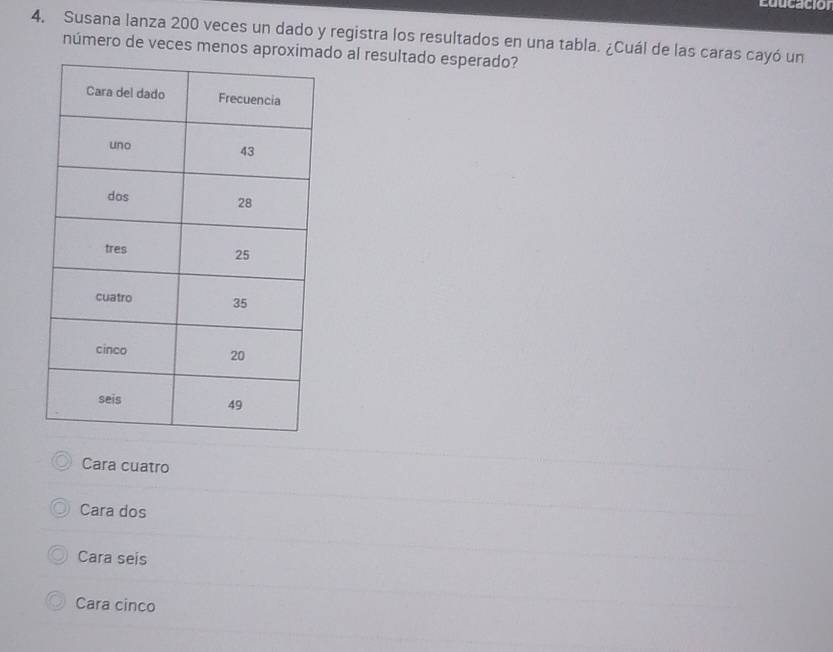 Educación
4. Susana lanza 200 veces un dado y registra los resultados en una tabla. ¿Cuál de las caras cayó un
número de veces menos aproximdo al resultado esperado?
Cara cuatro
Cara dos
Cara seis
Cara cinco