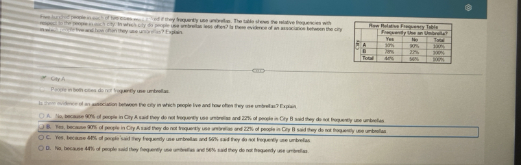 Five hundred people in each of two cises were aaked if they frequently use umbrelias. The table shows the relative frequencies with
respect to the people in each city. In which city do people use umbrellas less often? Is there evidence of an association between the city
in which peoofe five and how often they use umbrellas? Explain. 
City A
People in both cities do not frequently use umbrellas.
is there evidence of an association between the city in which people live and how often they use umbrellas? Explain
A. No, because 90% of people in City A said they do not frequently use umbrellas and 22% of people in City B said they do not frequently use umbrellas.
B. Yes, because 90% of people in City A said they do not frequently use umbrellas and 22% of people in City B said they do not frequently use umbrellas
C. Yes, because 44% of people said they frequently use umbrellas and 56% said they do not frequently use umbrellas.
D. No, because 44% of people said they frequently use umbrellas and 56% said they do not frequently use umbrellas.