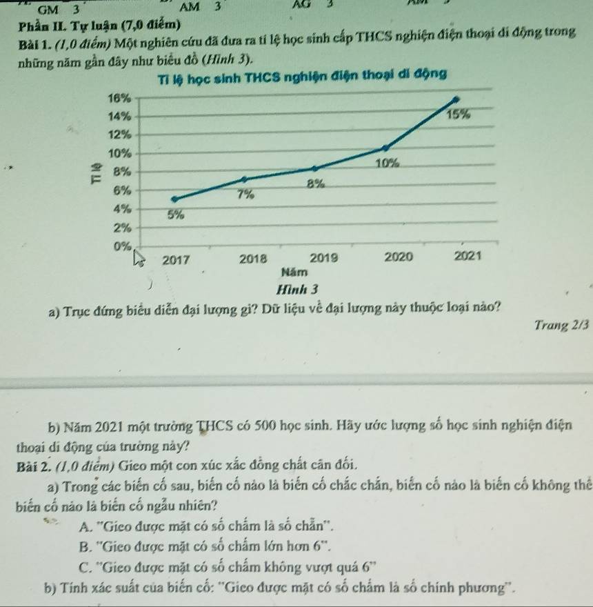 GM 3 AM 3 AG
Phần II. Tự luận (7,0 điểm)
Bài 1. (1,0 điểm) Một nghiên cứu đã đưa ra tí lệ học sinh cấp THCS nghiện điện thoại di động trong
những năm gần đây như biểu đồ (Hình 3).
a) Trục đứng biểu diễn đại lượng gì? Dữ liệu về đại lượng này thuộc loại nào?
Trang 2/3
b) Năm 2021 một trường THCS có 500 học sinh. Hãy ước lượng số học sinh nghiện điện
thoại di động của trường này?
Bài 2. (1,0 điểm) Gieo một con xúc xắc đồng chất cân đối.
a) Trong các biến cố sau, biến cố nào là biến cố chắc chắn, biến cố nào là biến cố không thể
biến cố nào là biến cố ngẫu nhiên?
A. ''Gieo được mặt có số chấm là số chẵn''.
B. ''Gieo được mặt có số chấm lớn hơn 6 ''.
C. ''Gieo được mặt có số chấm không vượt quá 6 ''
b) Tính xác suất của biến cố: ''Gico được mặt có số chẩm là số chính phương''.