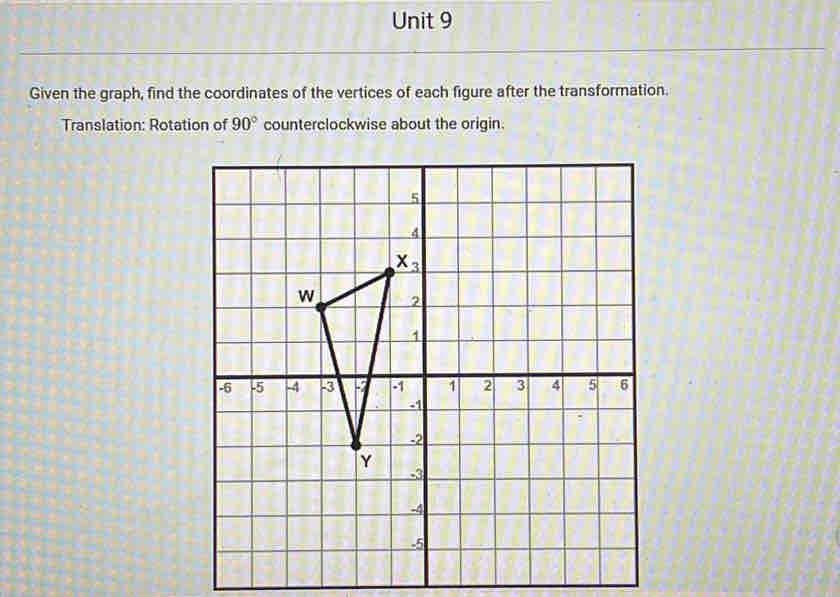 Given the graph, find the coordinates of the vertices of each figure after the transformation.
Translation: Rotation of 90° counterclockwise about the origin.