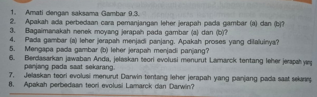 Amati dengan saksama Gambar 9.3. 
2. Apakah ada perbedaan cara pemanjangan leher jerapah pada gambar (a) dan (b)? 
3. Bagaimanakah nenek moyang jerapah pada gambar (a) dan (b)? 
4. Pada gambar (a) leher jerapah menjadi panjang. Apakah proses yang dilaluinya? 
5. Mengapa pada gambar (b) leher jerapah menjadi panjang? 
6. Berdasarkan jawaban Anda, jelaskan teori evolusi menurut Lamarck tentang leher jerapah yang 
panjang pada saat sekarang. 
7. Jelaskan teori evolusi menurut Darwin tentang leher jerapah yang panjang pada saat sekarang. 
8. Apakah perbedaan teori evolusi Lamarck dan Darwin?