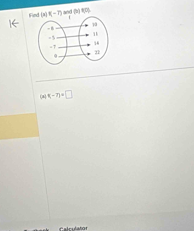 F(a) f(-7) and (b) f(0). 
(a) f(-7)=□
Calculator