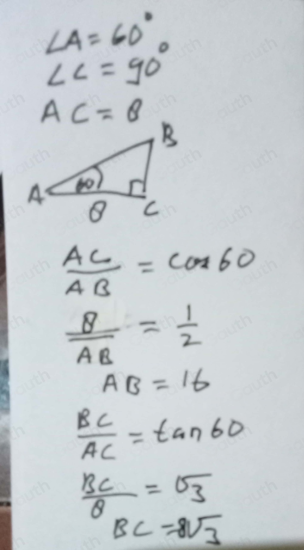 ∠ A=60°
∠ C=90°
AC=beta
 AC/AB =cos 60°
 B/AB = 1/2 
AB=16
 BC/AC =tan 60°
 BC/θ  =sqrt(3)
BC=8sqrt(3)