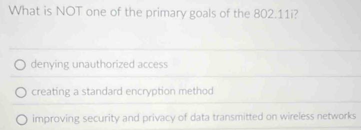 What is NOT one of the primary goals of the 802.11i?
denying unauthorized access
creating a standard encryption method
improving security and privacy of data transmitted on wireless networks