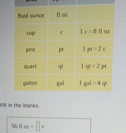 Fill in the blanks.
56floz=□ c