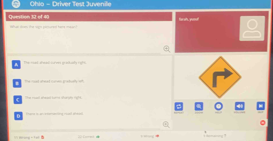 Solved: Ohio - Driver Test Juvenile Question 32 of 40 farah, yusuf What ...