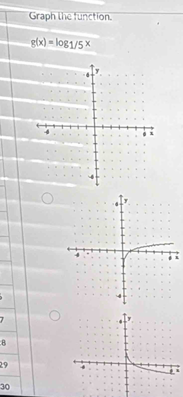 Graph the function.
g(x)=log 1/5^x
x
8
29
30