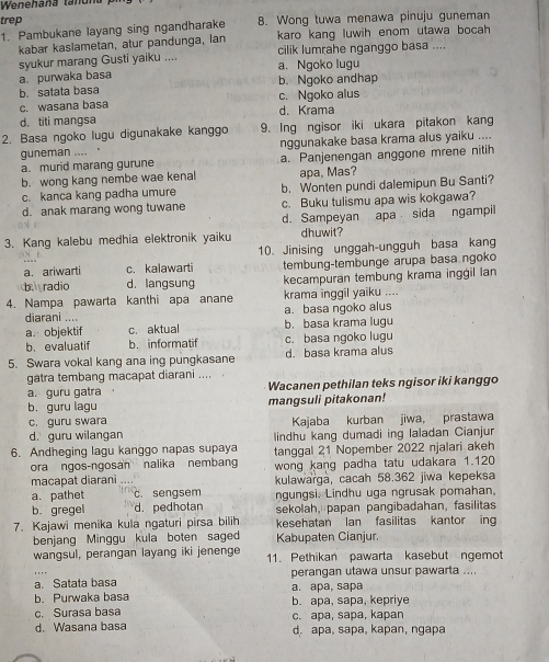 Wenehaña tañun
trep
1. Pambukane layang sing ngandharake 8. Wong tuwa menawa pinuju guneman
kabar kaslametan, atur pandunga, lan karo kang luwih enom utawa bocah
syukur marang Gusti yaiku .... cilik lumrahe nganggo basa ....
a. Ngoko lugu
a. purwaka basa b. Ngoko andhap
b. satata basa
c. wasana basa c. Ngoko alus
d. titi mangsa d. Krama
2. Basa ngoko lugu digunakake kanggo 9. Ing ngisor iki ukara pitakon kang
guneman .... 、 nggunakake basa krama alus yaiku ....
a. murid marang gurune a. Panjenengan anggone mrene nitih
b. wong kang nembe wae kenal apa, Mas?
c. kanca kang padha umure b. Wonten pundi dalemipun Bu Santi?
d. anak marang wong tuwane c. Buku tulismu apa wis kokgawa?
d. Sampeyan apa sida ngampil
3. Kang kalebu medhia elektronik yaiku dhuwit?
10. Jinising unggah-ungguh basa kang
a. ariwarti c. kalawarti tembung-tembunge arupa basa ngoko
bi radio d. langsung kecampuran tembung krama inggil lan
4. Nampa pawarta kanthi apa anane krama inggil yaiku ....
diarani .... a. basa ngoko alus
a. objektif c. aktual b. basa krama lugu
b. evaluatif b. informatif c. basa ngoko lugu
5. Swara vokal kang ana ing pungkasane d. basa krama alus
gatra tembang macapat diarani ....
a. guru gatra Wacanen pethilan teks ngisor iki kanggo
b. quru lagu mangsuli pitakonan!
c. guru swara
d. guru wilangan Kajaba kurban jiwa, prastawa
6. Andheging lagu kanggo napas supaya lindhu kang dumadi ing laladan Cianjur
tanggal 21 Nopember 2022 njalari akeh
ora ngos-ngosan nalika nembang wong kang padha tatu udakara 1.120
macapat diarani kulawarga, cacah 58.362 jiwa kepeksa
a. pathet c. sengsem
b. gregel d. pedhotan ngungsi. Lindhu uga ngrusak pomahan
sekolah, papan pangibadahan, fasilitas
7. Kajawi menika kula ngaturi pirsa bilih kesehatan lan fasilitas kantor ing
benjang Minggu kula boten saged Kabupaten Cianjur.
wangsul, perangan layang iki jenenge 11. Pethikan pawarta kasebut ngemot
a. Satata basa perangan utawa unsur pawarta ....
a. apa, sapa
b. Purwaka basa b. apa, sapa, kepriye
c. Surasa basa
d. Wasana basa c. apa, sapa, kapan d. apa, sapa, kapan, ngapa