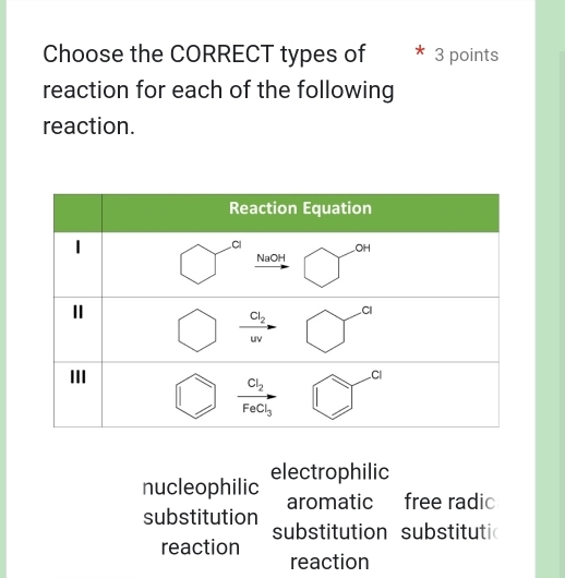 Choose the CORRECT types of 3 points
reaction for each of the following
reaction.
nucleophilic electrophilic
aromatic free radic
substitution substitution substituti
reaction
reaction