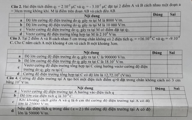 Hai điện tích điểm q_1=2.10^(-2)mu C và q_2=-3.10^(-2)mu C đặt tại 2 điểm A và B cách nhau một đoạn a
Câu 3. Tại 2 điểm A và B cách nhau 5 cm trong chân không có 2 điện tích q_1=+16.10^(-8)C và q_2=-9.10^(-8)
C. Cho C nằm cách A một khoảng 4 cm và cách B một khoảng 3cm.
ởi một điện tích điểm q>0
bằng 10^5V/m. đặt trong chân không cách nó 3 cm