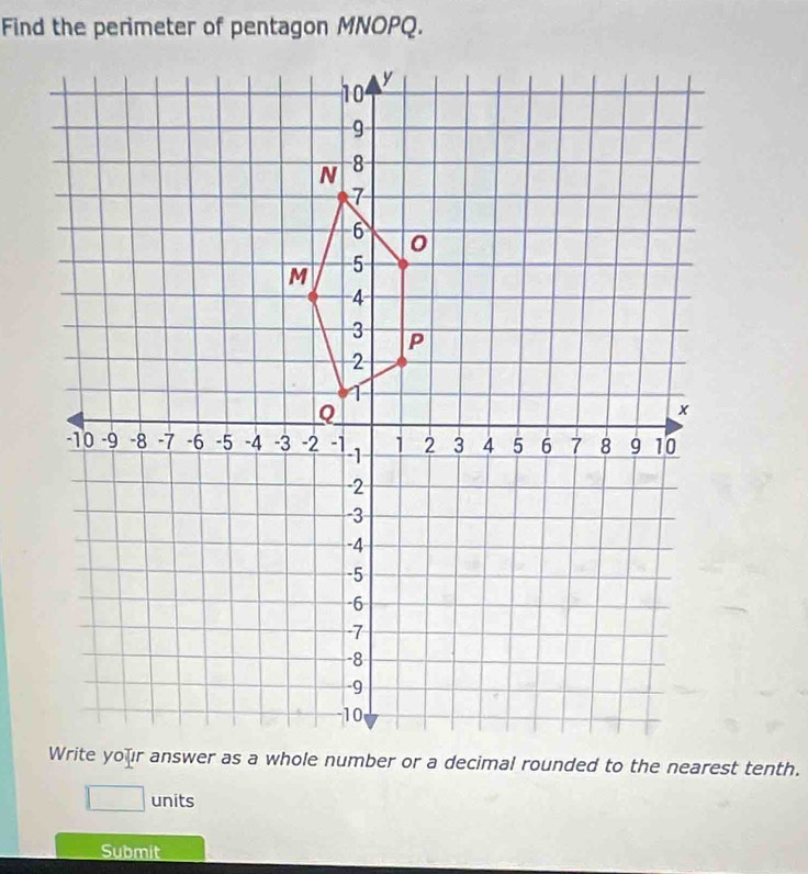 Find the perimeter of pentagon MNOPQ. 
units 
Submit