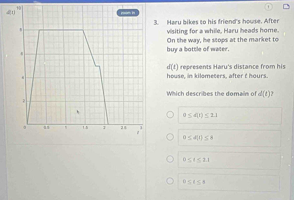 10
1
d(t)
zoom in
3. Haru bikes to his friend's house. After
8
visiting for a while, Haru heads home.
On the way, he stops at the market to
6
buy a bottle of water.
d(t) represents Haru's distance from his
4 house, in kilometers, after t hours.
Which describes the domain of d(t) ?
2
0≤ d(t)≤ 2.1
。 0.5 1 1.5 2 2.5 3
t
0≤ d(t)≤ 8
0≤ t≤ 2.1
0≤ t≤ 8