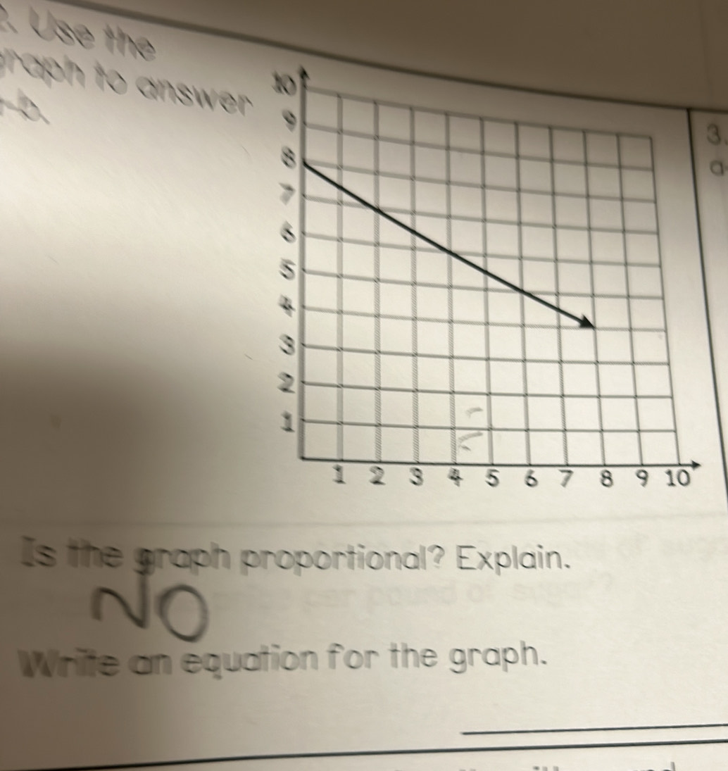 Use the 
raph to answer 
3. 
a 
Is the graph proportional? Explain. 
NO 
Write an equation for the graph.