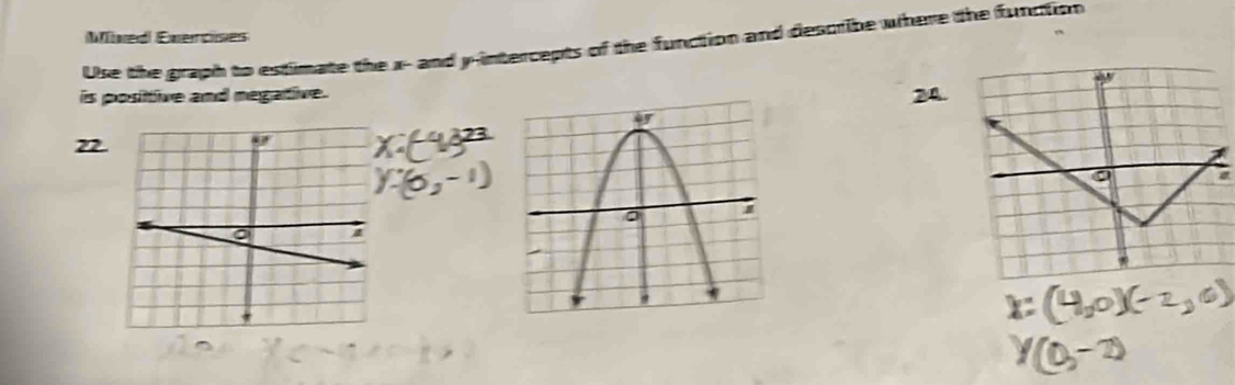 Mved Evercises
Use the graph to estimate the x- and y-intercepts of the function and describe where the function
is positive and megative.
24
22
a