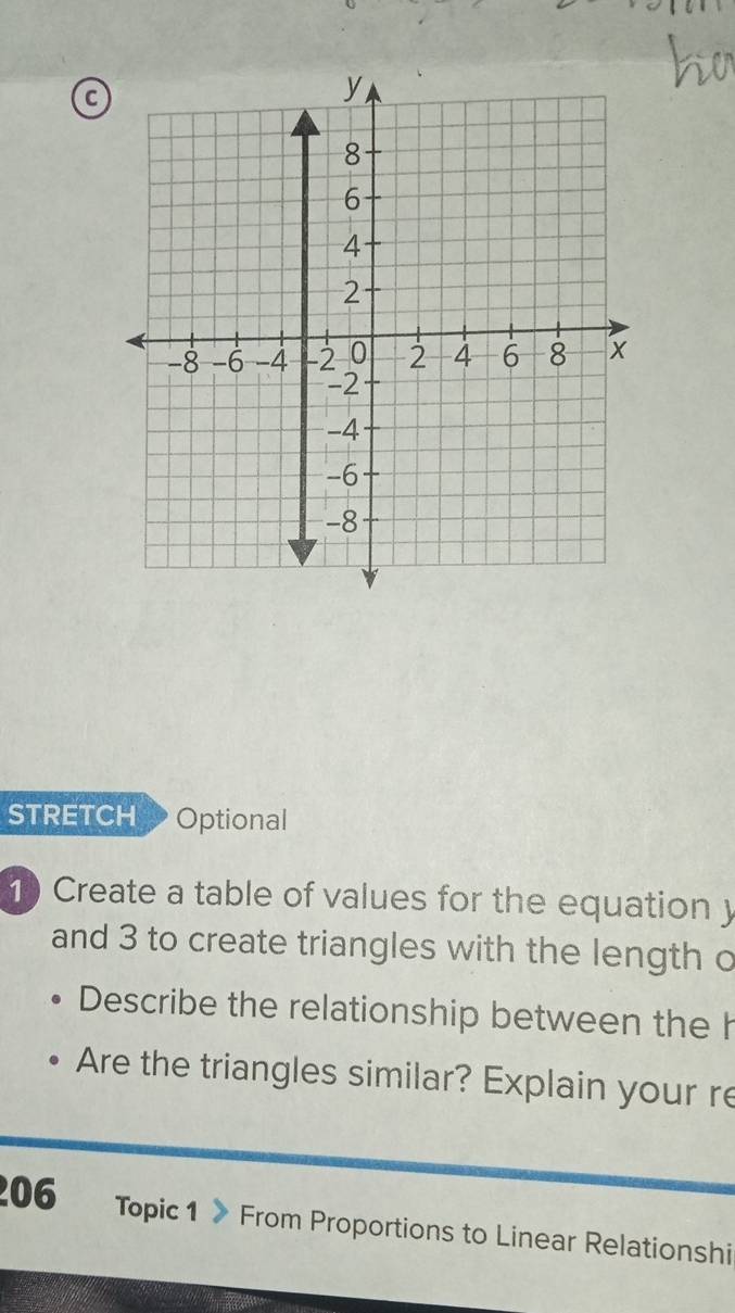 STRETCH P Optional 
10 Create a table of values for the equation y
and 3 to create triangles with the length o 
Describe the relationship between the h 
Are the triangles similar? Explain your re 
206 Topic 1 From Proportions to Linear Relationshi