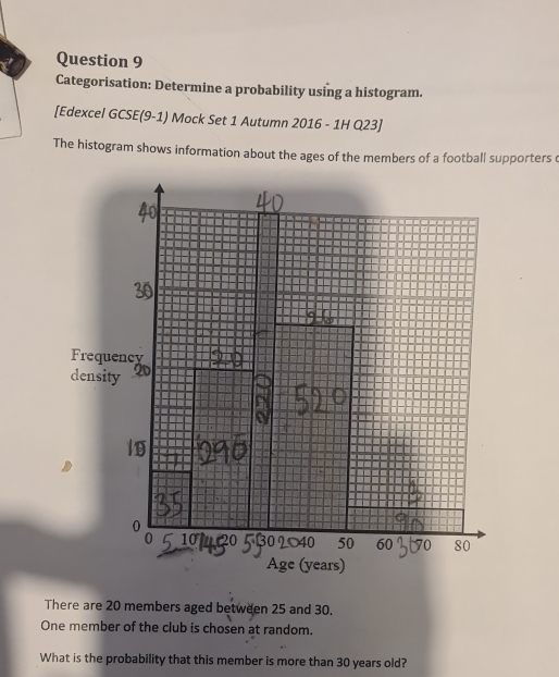 Categorisation: Determine a probability using a histogram. 
[Edexcel GCSE(9-1) Mock Set 1 Autumn 2016 - 1H Q23] 
The histogram shows information about the ages of the members of a football supporters ( 
Frequency 
density
0
10
50 60 0 80
Age (years) 
There are 20 members aged between 25 and 30. 
One member of the club is chosen at random. 
What is the probability that this member is more than 30 years old?