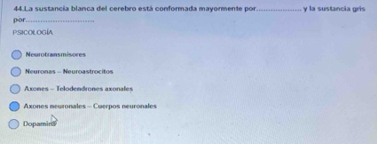 La sustancia blanca del cerebro está conformada mayormente por. y la sustancia gris
por_
PSICOLOGÍA
Neurotransmisores
Neuronas - Neuroastrocitos
Axones - Telodendrones axonales
Axones neuronales - Cuerpos neuronales
Dopamina