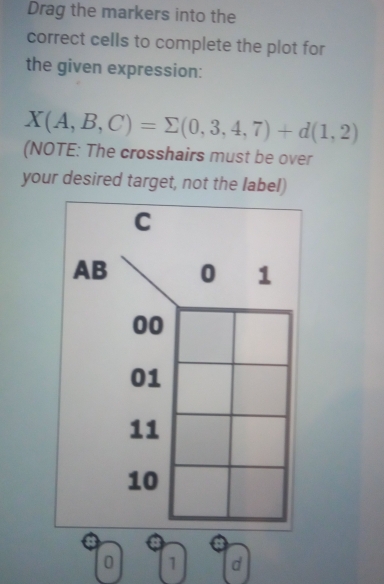 Drag the markers into the 
correct cells to complete the plot for 
the given expression:
X(A,B,C)=sumlimits (0,3,4,7)+d(1,2)
(NOTE: The crosshairs must be over 
your desired target, not the label)
C
AB 0 1
00
01
11
10
0 1 d