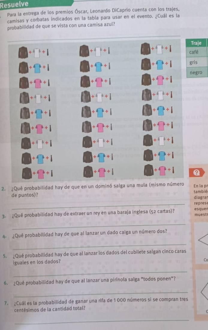 Resuelve 
Para la entrega de los premios Óscar, Leonardo DiCaprio cuenta con los trajes, 
camisas y corbatas indicados en la tabla para usar en el evento. ¿Cuál es la 
probabilidad de que se vista con una camisa azul? 
□
+□ +1 1 +4+1 +□ +1
+□ +1
| +□ +1
1:1 +□ +1
frac □ 
+4+1 l +□ +1 +□ +1
+4+1
+□^b+□
+□ +1
9
+□ +1
+□ +1
x° +□ +1
+□ +1
+□^b+1
+□ +1
+□ +□
11 +□ +□
1 +□ +1
| +□ +1
□ +□ +1 □ +□ +1 □ +□ +1 Q 
2. ¿Qué probabilidad hay de que en un dominó salga una mula (mismo número En la pr 
de puntos)? tambié 
diagra 
_represe 
3. ¿Qué probabilidad hay de extraer un rey en una baraja inglesa (52 cartas)? esquer 
muest 
_ 
4 ¿Qué probabilidad hay de que al lanzar un dado caiga un número dos? 
_ 
5. ¿Qué probabilidad hay de que al lanzar los dados del cubilete salgan cinco caras 
iguales en los dados? 
Co 
_ 
6. ¿Qué probabilidad hay de que al lanzar una pirinola salga “todos ponen”? 
_ 
7. ¿Cuál es la probabilidad de ganar una rifa de 1 000 números si se compran tres 
centésimos de la cantidad total? 
_