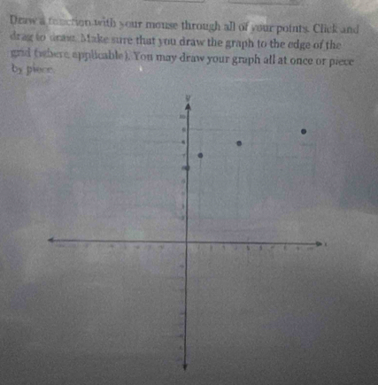 Draw a tonction with your mouse through all of your points. Click and 
drag to draw. Make sure that you draw the graph to the edge of the 
grid (there applicable). You may draw your graph all at once or piece 
by piece.