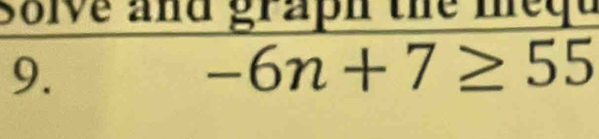 solve and graph the mequ 
9.
-6n+7≥ 55