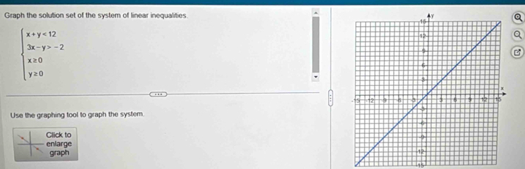 Graph the solution set of the system of linear inequalities.
beginarrayl x+y<12 3x-y>-2 x≥ 0 y≥ 0endarray.
Use the graphing tool to graph the system. 
Click to 
enlarge 
graph
15