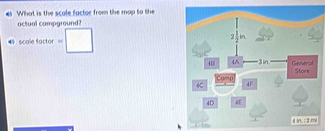 What is the scale factor from the map to the
actual campground?
scalefactor =□