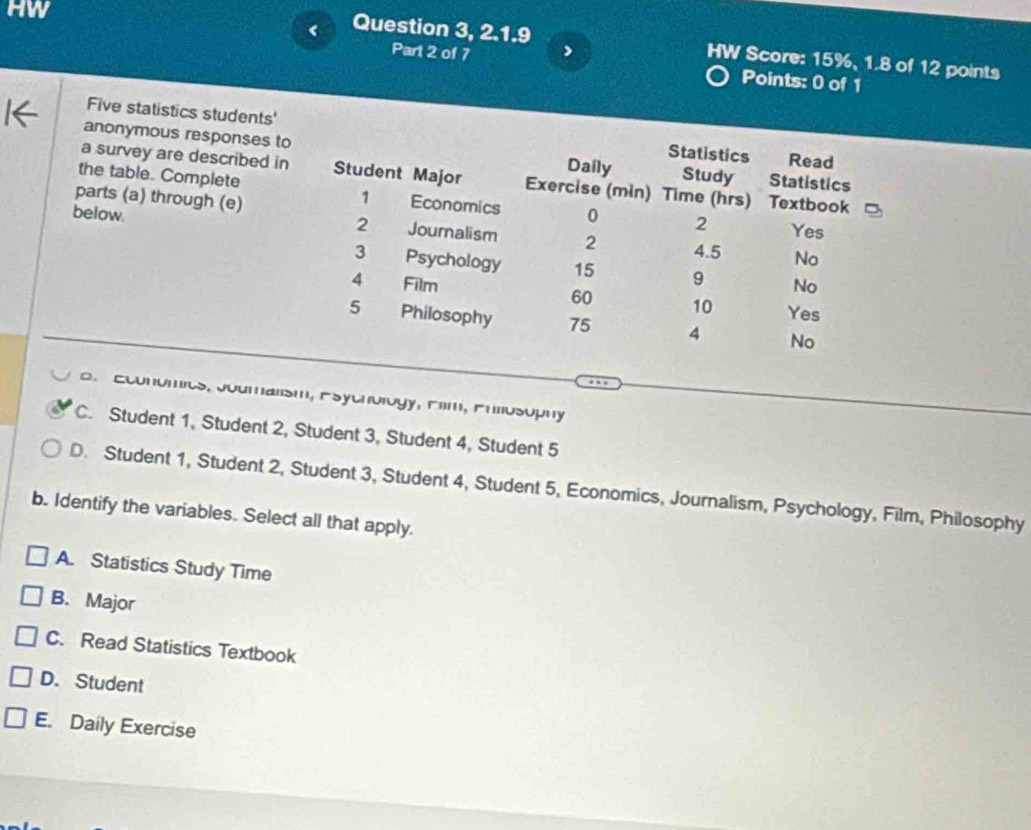 HW
Part 2 of 7 >
< Question 3, 2.1.9 HW Score:  15%, 1.8 of 12 points
Points: 0 of 1
Five statistics students'
anonymous responses t
a survey are described i
the table. Complete
parts (a) through (e)
below.
o. Economics, Joumalism, Esychology, Film, Pnilosophy
C. Student 1, Student 2, Student 3, Student 4, Student 5
D. Student 1, Student 2, Student 3, Student 4, Student 5, Economics, Journalism, Psychology, Film, Philosophy
b. Identify the variables. Select all that apply.
A. Statistics Study Time
B. Major
C. Read Statistics Textbook
D. Student
E. Daily Exercise