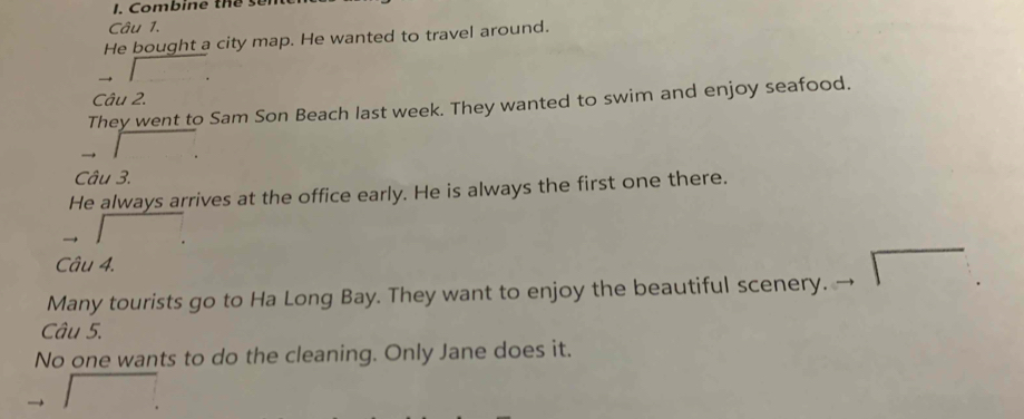 Combine the sen 
Câu 1. 
He bought a city map. He wanted to travel around. 
Câu 2. 
They went to Sam Son Beach last week. They wanted to swim and enjoy seafood. 
Câu 3. 
He always arrives at the office early. He is always the first one there. 
Câu 4. 
Many tourists go to Ha Long Bay. They want to enjoy the beautiful scenery. 
Câu 5. 
No one wants to do the cleaning. Only Jane does it.