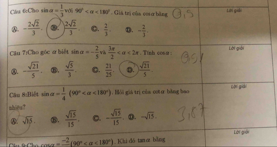 Cho cos alpha =frac -2(90° <180°). Khi đó tanα bằ