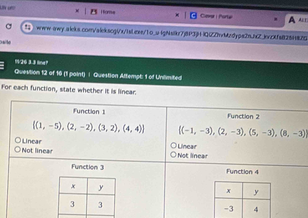 Ur afü Home Clever | (Parta
A all
www-awy.aleks.com/alekscgi/x/Isl.exe/1o_u-IgNstkr7j8P3jH-|QIZZhvMzdyps2nfxZ_kvzXfs825H8ZG
site
11/26 3.3 line?
Question 12 of 16 (1 point) | Question Attempt: 1 of Unlimited
For each function, state whether it is linear.