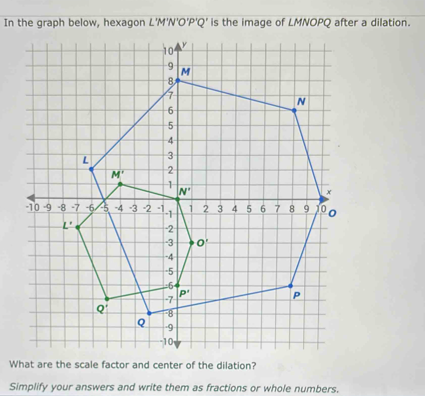 In the graph below, hexagon L'M'N'O'P'Q' is the image of LMNOPQ after a dilation.
What are the scale factor and center of the dilation?
Simplify your answers and write them as fractions or whole numbers.