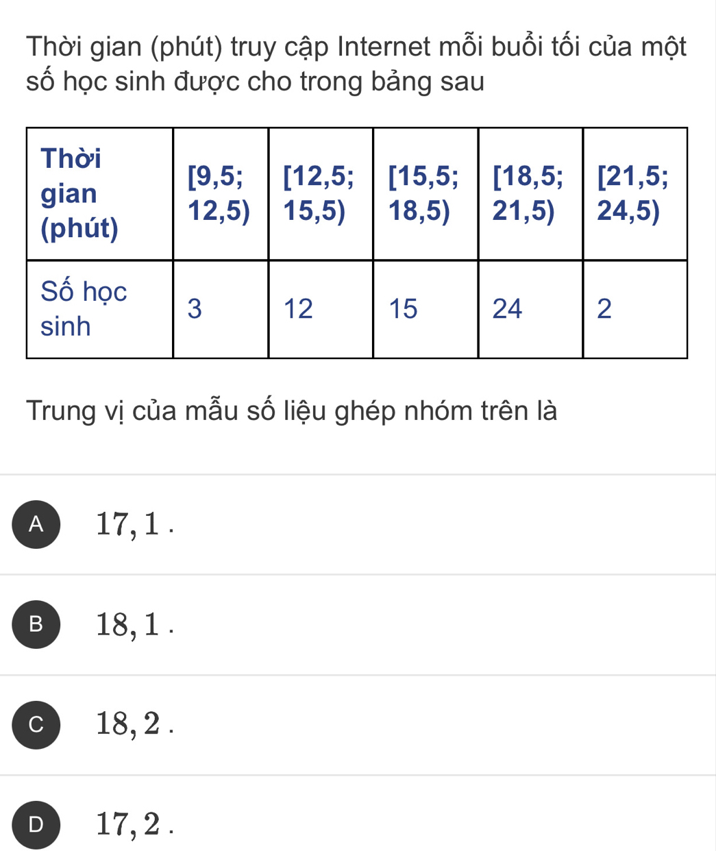 Thời gian (phút) truy cập Internet mỗi buổi tối của một
số học sinh được cho trong bảng sau
Trung vị của mẫu số liệu ghép nhóm trên là
A ) 17, 1 .
B 18, 1 .
c ) 18, 2 .
D ) 17, 2 .